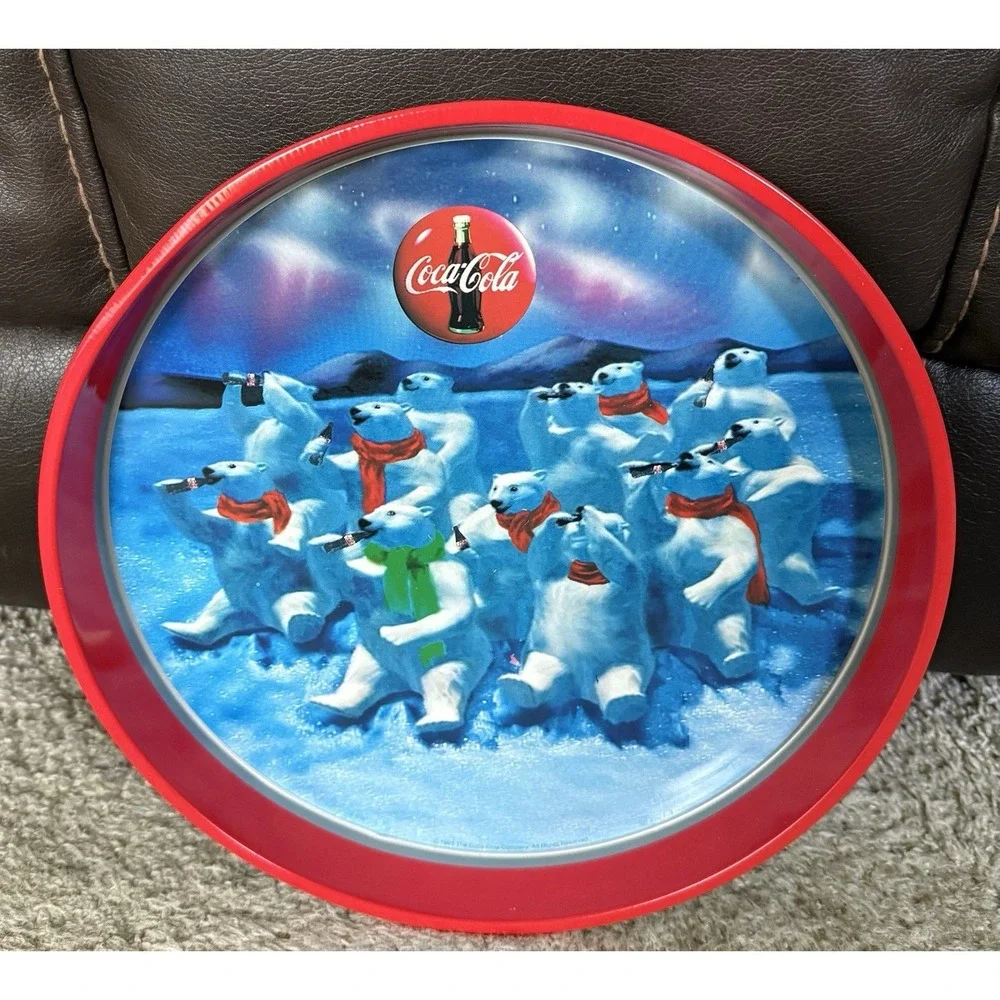 Coca Cola Round Metal‎ Tray White Polar Bears Watching the Northern Lights 1993